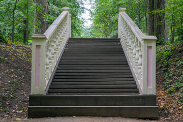 There is an old wooden staircase in the park. Photographed from the bottom up. Railings with...
