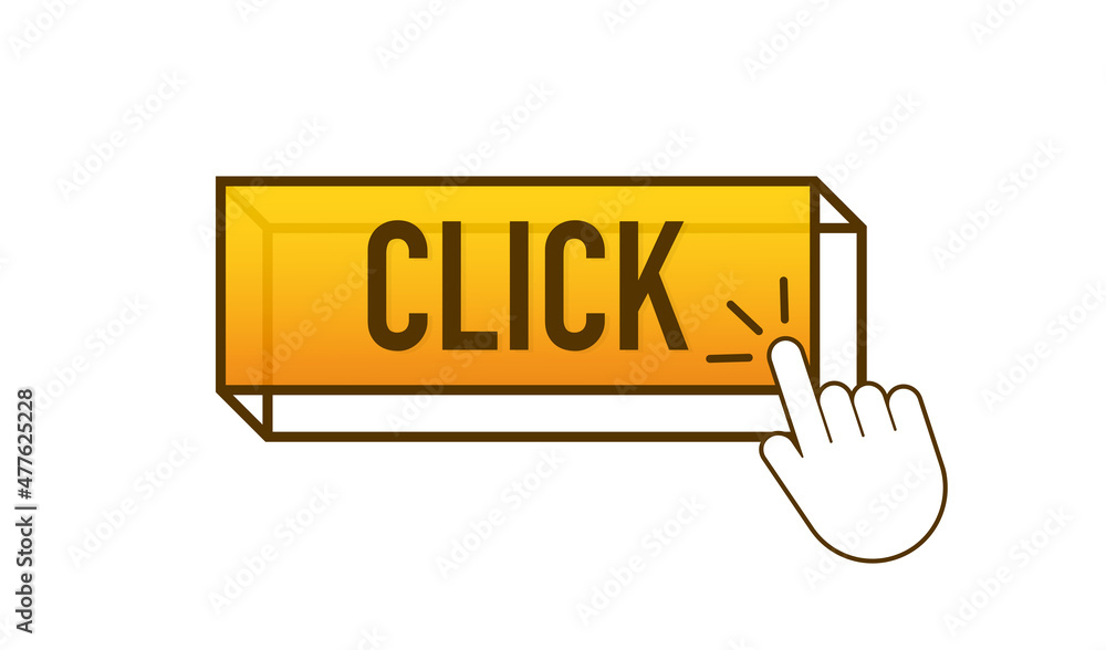 Poster yellow click on white background. digital download. click here vector web button.