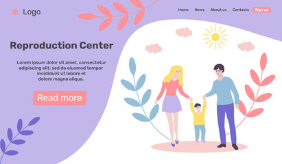 Web page design template for reproduction center. Happy young family on a walk. Family day, leisure, sport time, active walks, healthy lifestyle, outdoor activity, happiness and love concept.