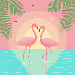 Landscape with sunset, couple of flamingos, palm leaves and seagulls. Valentine's day, love or summer concept.