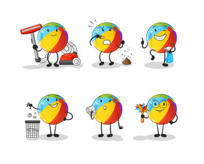 beach ball cleaning group character. cartoon mascot vector