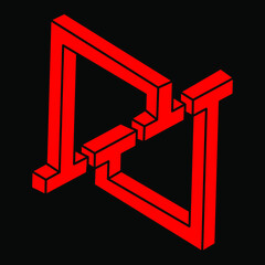 Impossible shapes. Sacred geometry figures. Optical illusion. Abstract eternal geometric objects. Impossible endless outline. Logo. Impossible geometry object on a black background. Optical art.