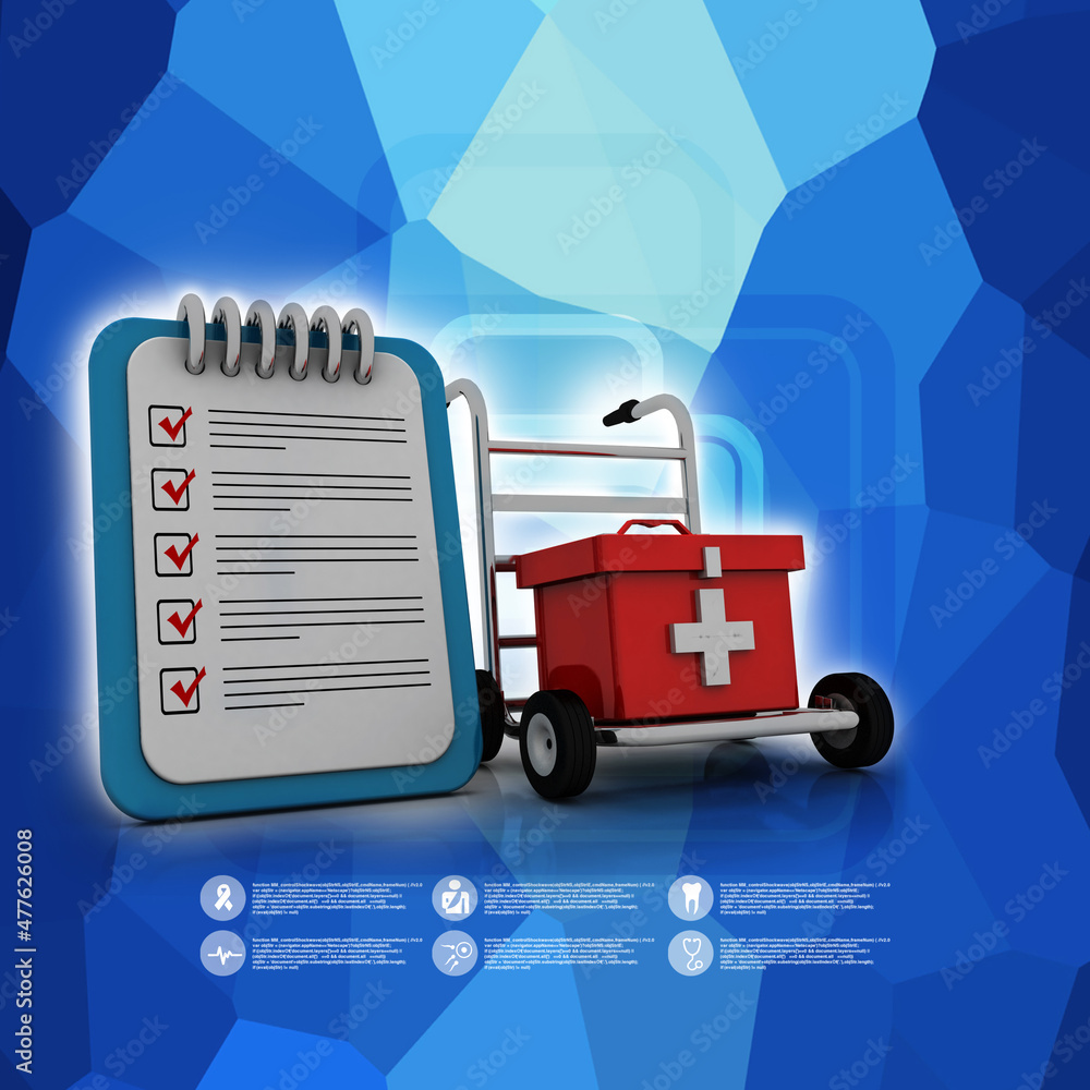Poster 3d rendering first aid kit in cart with document