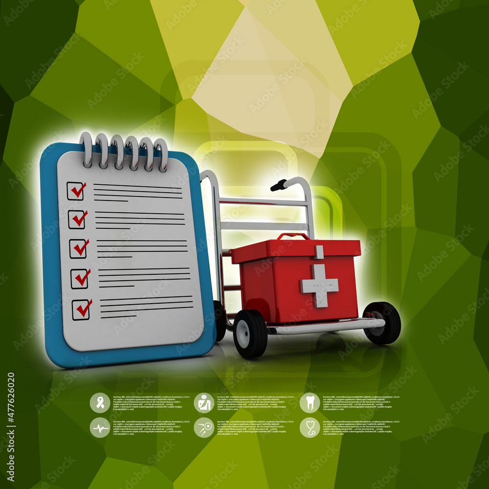 Poster 3d rendering first aid kit in cart with document