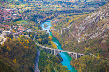 Road and old railway bridge over the river Soča near Solkan (Nova Gorica), Slovenia.