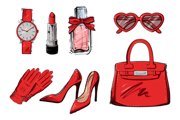 Set of woman accessories, color vector illustrtaion