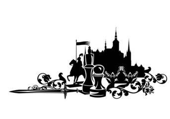 Fototapeta premium chess pieces on a game board surrounded by fantasy silhouettes of knight, castle, sword and royal crown - black and white vector outline of king, pawn and fairy tale checkerboard