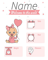 Cute girl with balloon. Baby birth print. Baby data template at birth. Weight, measurement, time and day of birth