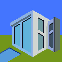 Isometric modern house, small house with pool and large windows