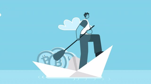 Cartoon man sailing on paper boat filled with bitcoins. Flat Design 2d Character Loop Animation with Alpha Channel