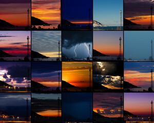 collage of slices of different weather and sky view, different pictures on same spot, climate change concept, lightning, sunset, snowy, colorful sky, sunny