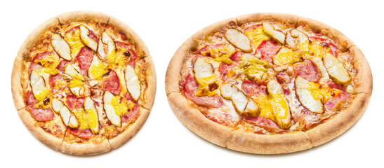 Delicious pizza with chicken fillet, ham, mozzarella and cheddar cheese, isolated on white background