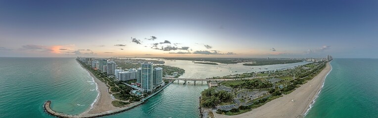 Drone panorama over Miami Beach skyline at eveing time
