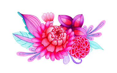 Bright bouquet of flowers. Hand drawn watercolor painting, liner. Composition of pink buds and purple, blue leaves. Isolated illustration on a white background. Ethnic motive. Romantic doodles.