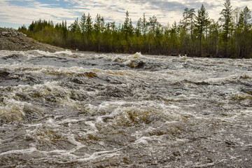 Powerful stream of water on the river in early spring in the north of Russia.