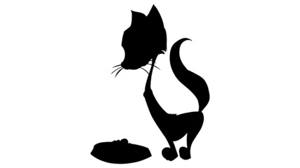 Cartoon cat stylish in front of food tray, the Black silhouette of a cat 