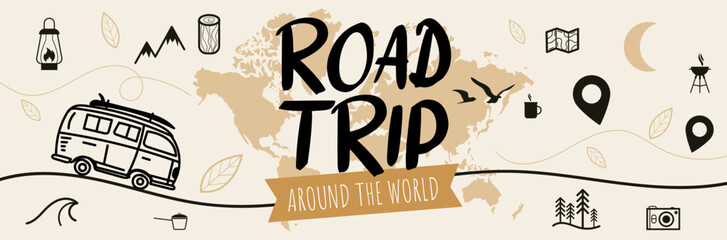Road trip around the world - illustrations and pictrograms banner © Manon