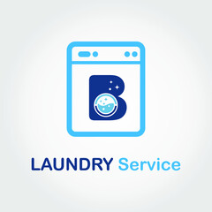 Initial B Letter with Bubble and shiny icon on the Laundry Machine for Laundry, Cloth Cleaning Washing Service Simple Minimalist Logo Template Idea