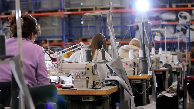 Many seamstresses work in a garment factory. Working process at a garment factory. Large sewing workshop. Seamstresses make products in a factory. Garment factory