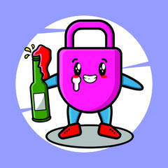 Cute cartoon character Lock with soda bottle in modern cute style design for t-shirt, sticker, logo element for t-shirt, sticker, logo element