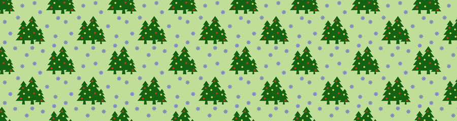 Seamless pattern. Image of green Christmas trees with balls and snowflakes on pastel pea backgrounds. Symbol of New Year and Christmas. Template. Banner for insertion into site. Horizontal image