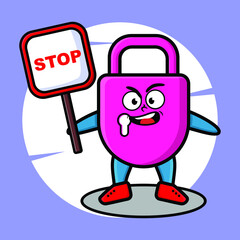 Cute Cartoon mascot illustration lock with stop sign board vector drawing cute modern style design for t shirt, sticker, logo element for t-shirt, sticker, logo element