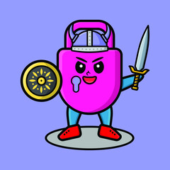 Cute Lock viking pirate character cartoon with hat and holding sword and shield in cute style design for t-shirt, sticker, logo element, poster
