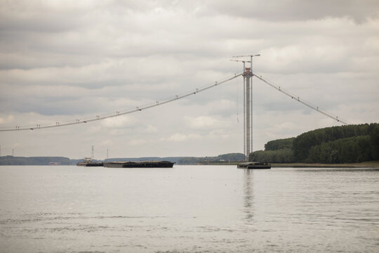 The Braila Bridge construction site, a bridge over the Danube river between Braila and the opposite bank of the river in Tulcea County.