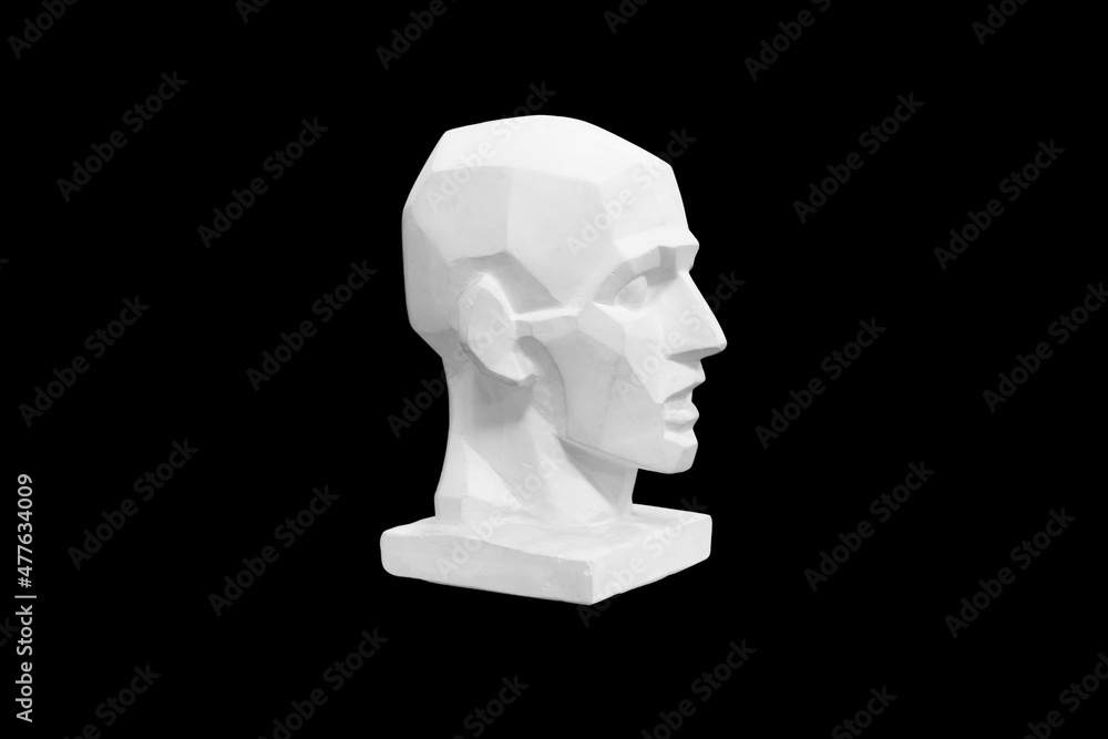 Poster angular plaster man head isolated on black background. profile view