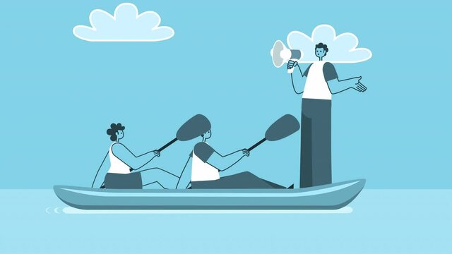 Cartoon man with loudspeaker leads the rowing team on paper ship. Teamwork business concept. Flat Design 2d Characters Isolated Loop Animation with Alpha Channel