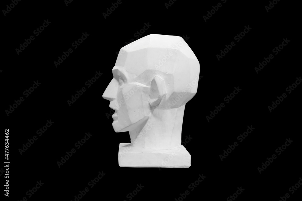 Poster angular plaster man head isolated on black background. profile view