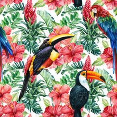 Fototapeta premium Summer exotic jungle plant tropical palm leaves, flowers. Seamless graphic design, birds toucan, parrots watercolor