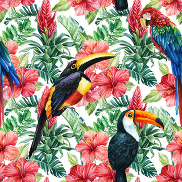 Summer exotic jungle plant tropical palm leaves, flowers. Seamless graphic design, birds toucan, parrots watercolor
