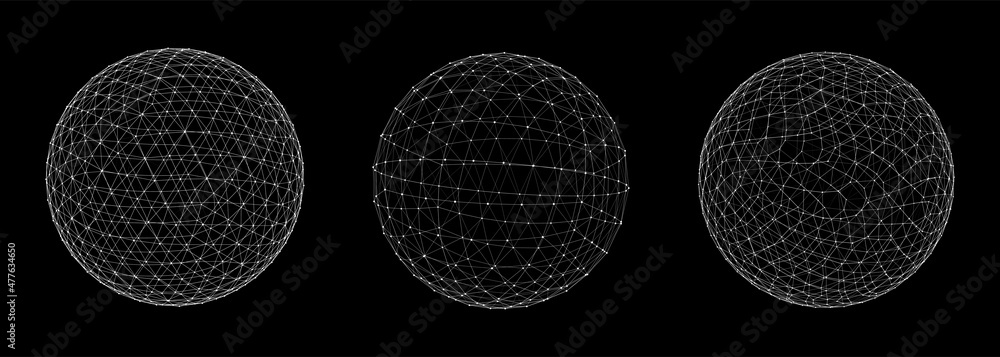 Poster set of abstract spheres from points and lines. network connection structure. big data visualization.