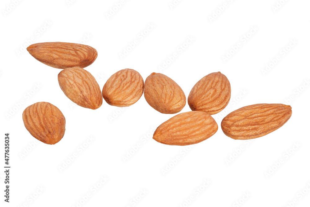 Poster a large pile of almonds isolated on a white background