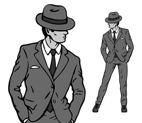 Dance of a young man in a retro suit with a tie and hat. Jazz or swing. Vector isolated black and white art illustration hand drawn
