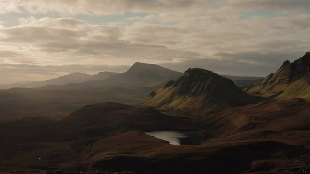 Aerial view of the Quiraing and surrounding areas in Isle of Skye, Autumn 2021