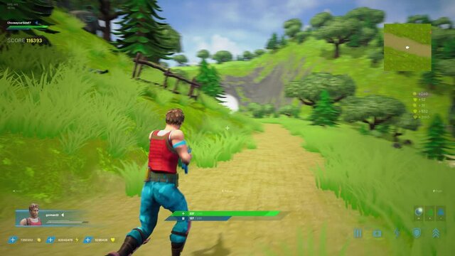 Day Video Game Mock-up: Game play of 3D FPS Shooter Online Multiplayer Battle Royale. Fun Tactical Arcade with Hero Characters Running in Open World Fighting, Shooting Guns. Colorful, Bright and Fun