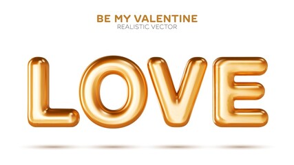 Golden Love word greeting card from realistic 3d balloons. Valentine day invitation web poster. Vector celebration decorative poster isolated on white background.