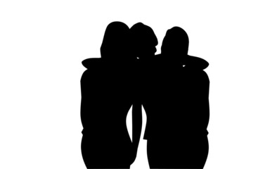 Black silhouettes of three female friends and best friends enjoying themselves together, hugging each other, laughing
