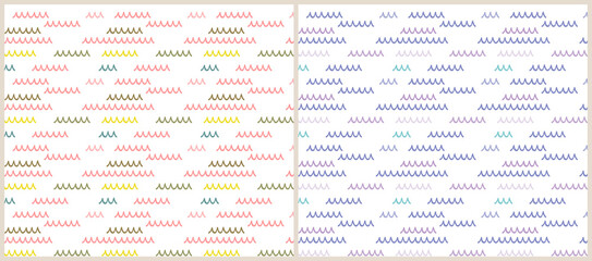 Fototapeta premium A set of colorful pastel wave vector illustrations. Seamless pattern of cute abstract objects. 