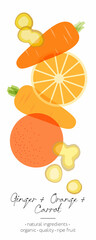 Fruit and vegetables detox. Orange, carrot and ginger mix. Beautiful transparency whole and cut fruits.