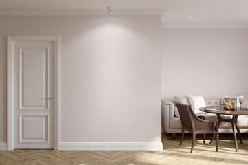 A light beige room in a modern classic style with a blank spotlit wall next to the door, wooden chairs next to a round served table, a sofa with cushions, parquet floor. Front view. 3d render