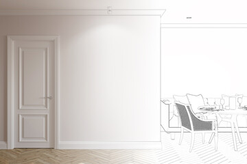 A sketch becomes a real light beige room in a modern classic style with a blank spotlit wall next to the door, chairs next to a round served table, a sofa with cushions, parquet floor. 3d render