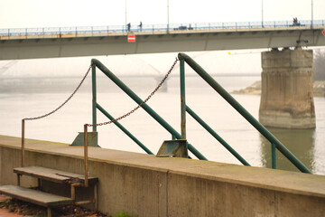 Misty and cold winter morning on the Danube river and the bridges of Novi Sad, Serbia