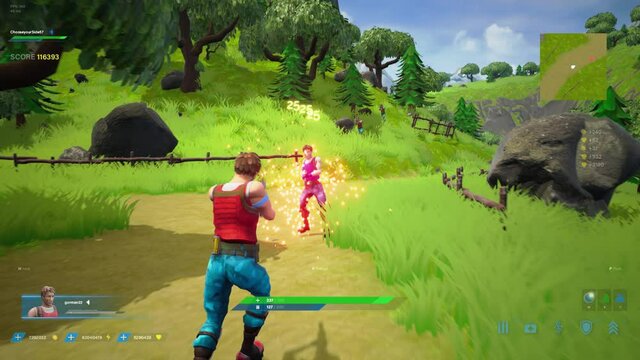 Looped Video Game Mock-up Concept: Game play 3D Third Person Shooter Online Multiplayer Battle Royale. Fun Tactical Arcade with Hero Characters Running, Fighting, Shooting Guns. Cyber Championship