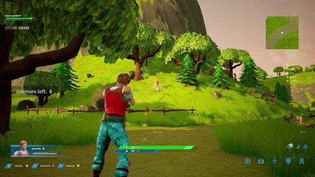 Video Game Mock-up Concept: Game play 3D Third Person Shooter Online Multiplayer Battle Royale. Fun Tactical Arcade with Colorful Hero Characters Running, Fighting, Shooting Guns.Cyber Tournament Game