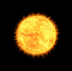 Yellow star in space. Sun isolated on a black background. Surface and atmosphere of our star 3d illustration. 