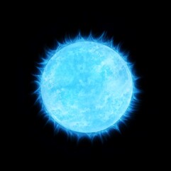 Hot blue star in space. Surface and atmosphere of a huge star isolated on a black background. 