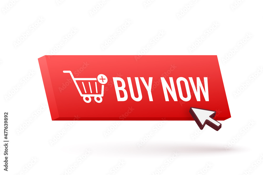 Poster 3d web banner with red buy now button on red background. web banner.